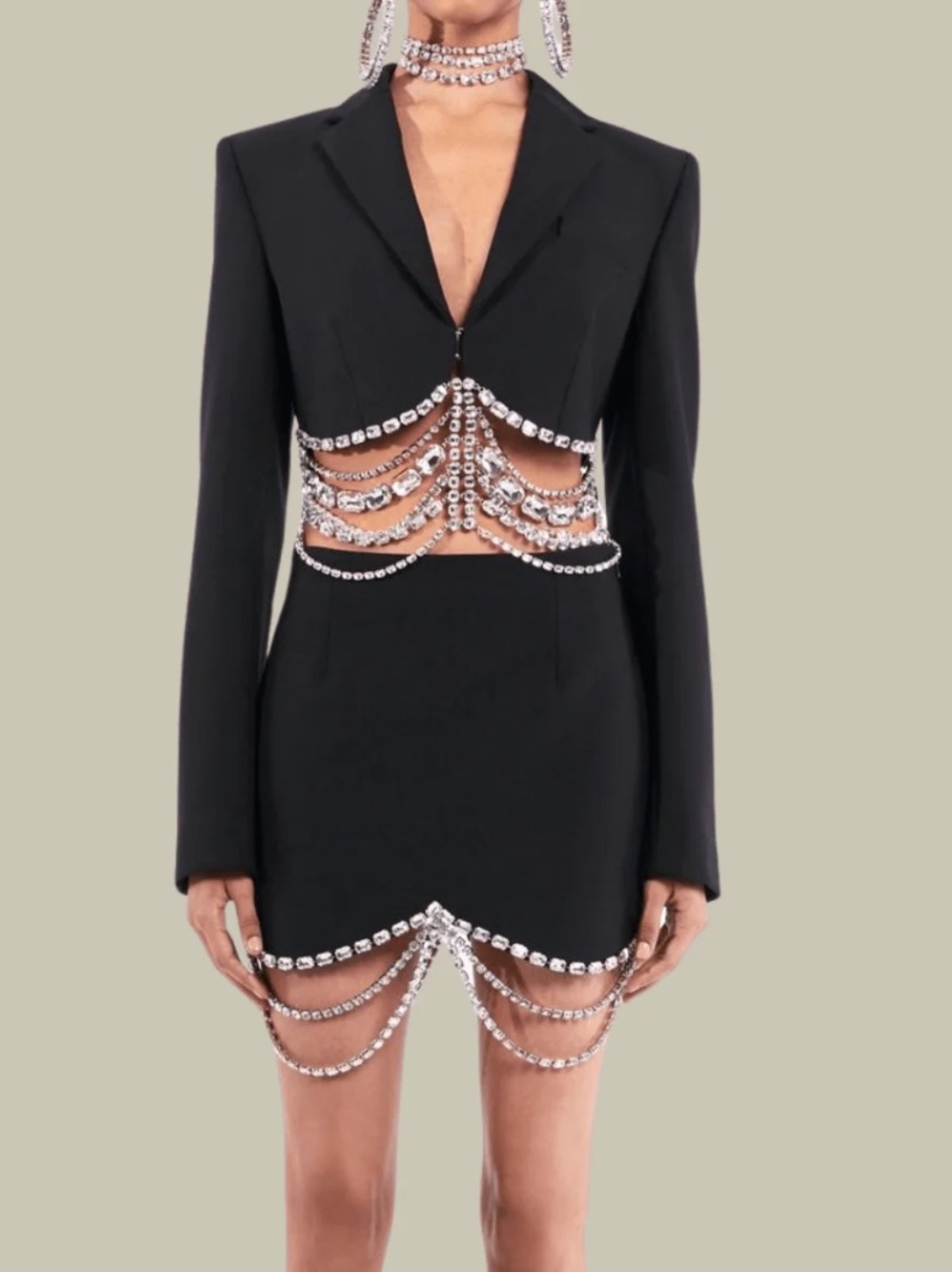 AREA Black Cropped Blazer with Crystal Chain Draping